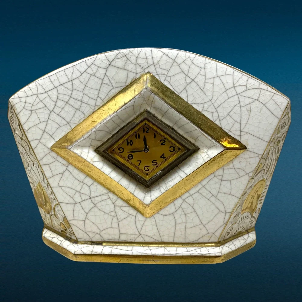 Vintage Art Deco Style Mantel Clock Ceramic Gold Crazed Glaze Parts Repair